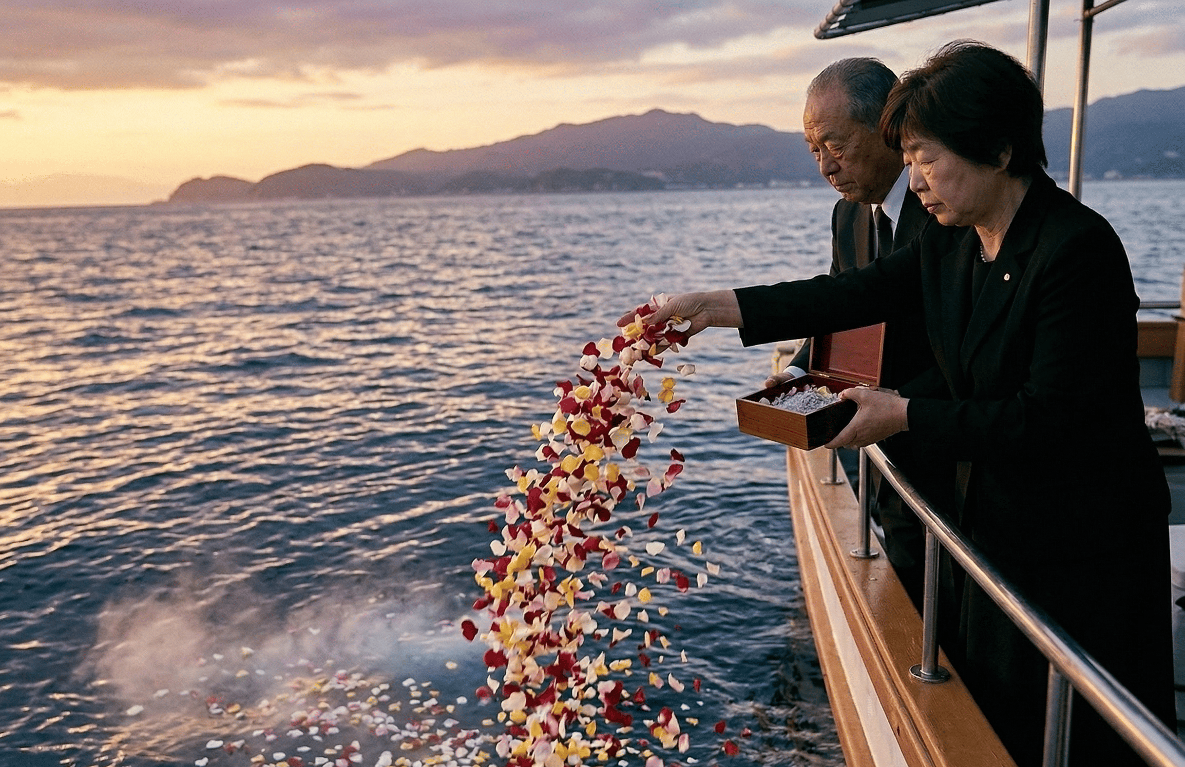 船上から海に花を手向ける様子