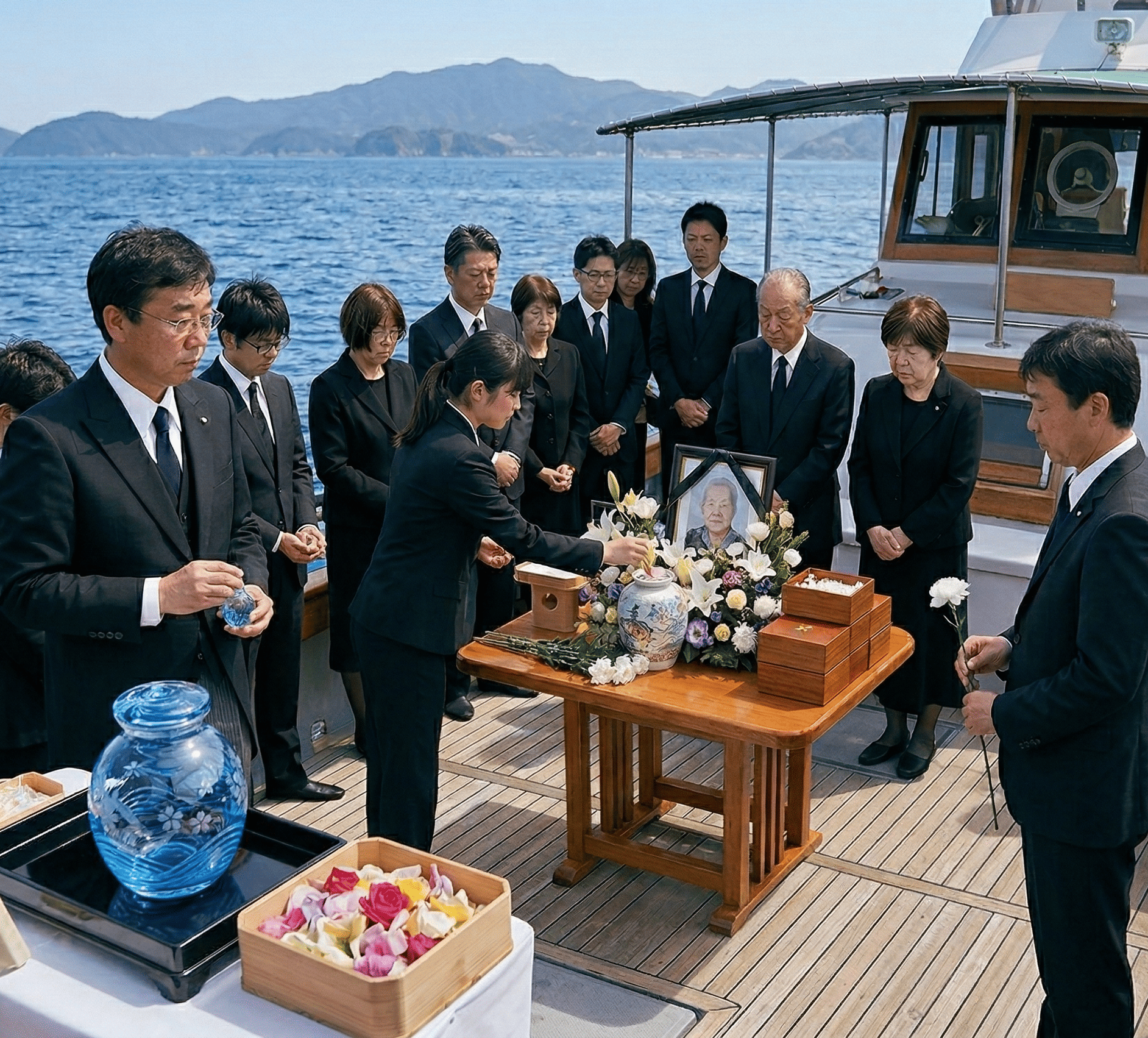 船内に集まる参列者